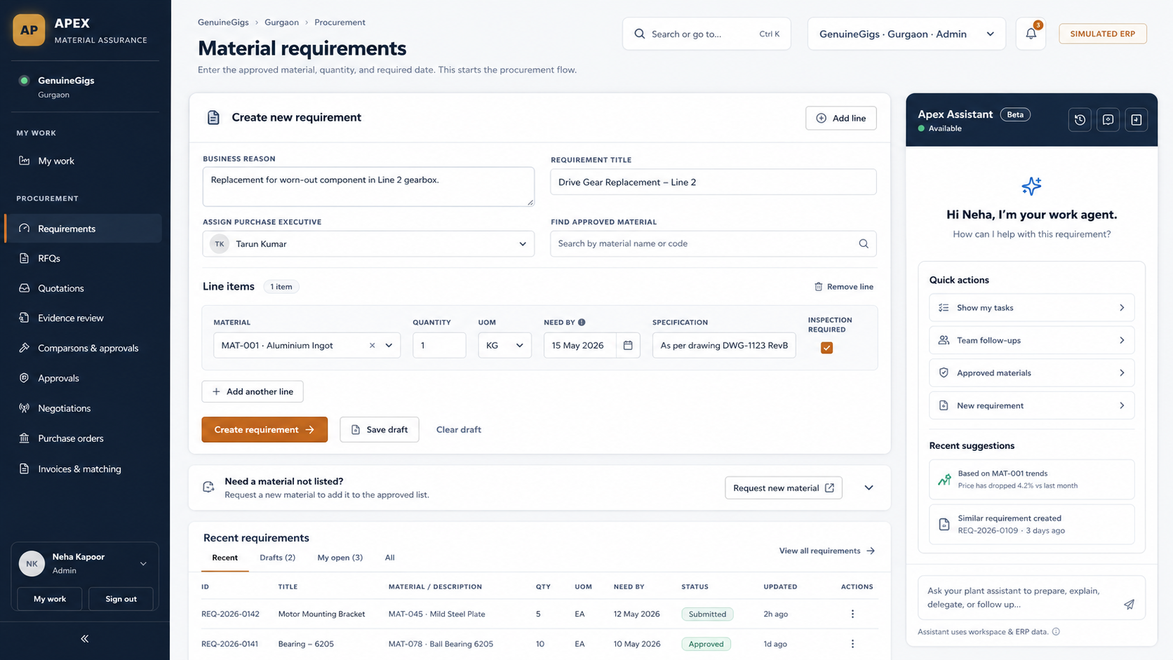 Material requirement preparation in GenuineGigs